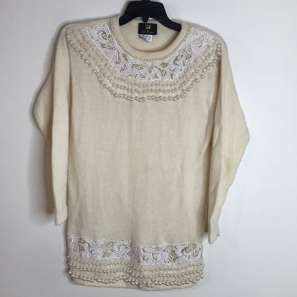 Fully fashion wool and rabbit blend pearl embellished pullover ladies sweater - Picture 1 of 12